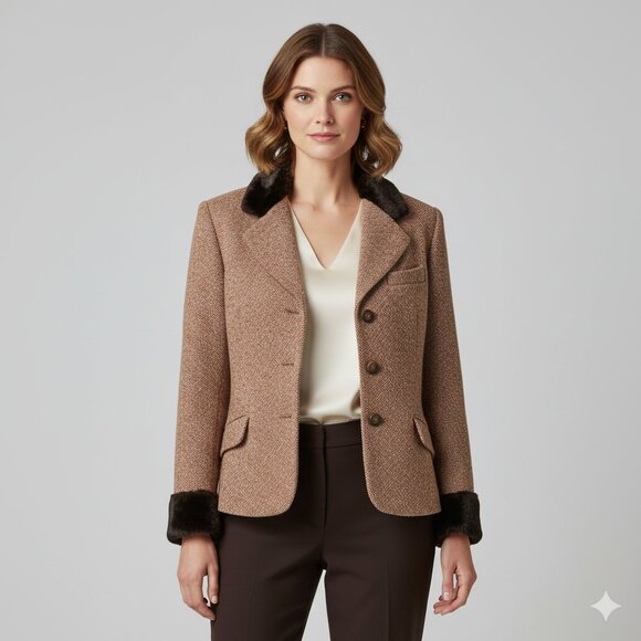 The Limited Jackets & Blazers - THE LIMITED New Wool Blend Tweed Vintage Blazer Faux Fur Trim Brown Size 12